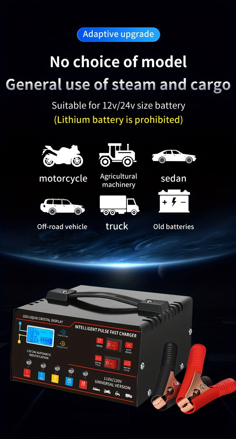 New Styles 12V 24V for smart Universal Battery Charger, LCD Screen, Pulse Repair Function, And Temperature Regulation Designed for Smart Trickle Charging Maintenance of Car, Truck, Harvester, Lawn Mower, Boat, And Motorcycle, Lead Acid Batteries