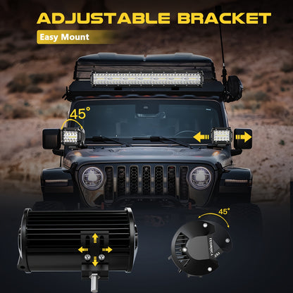 LEDMIRCY 20 Inch LED Light Bar And 4 Inch LED Pods 2pcs Kit, with 3 Leads Wiring Harness Rocker Switch Triple Row Off Road Light Bar, for Off Road UTV ATV Pickup Trucks Boat Yachts