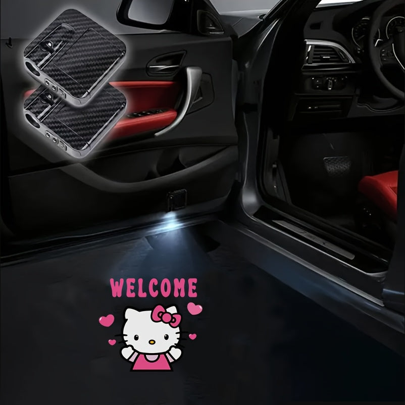 Set of 2 Sanrio Hello Kitty Car Door Lights, Featuring LED Projectors That Display a Cartoon Love Design. These Wireless LED Lights Create a Shadow Effect And Serve As Car Additions, Without Battery