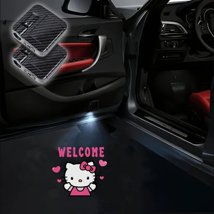 Set of 2 Sanrio Hello Kitty Car Door Lights, Featuring LED Projectors That Display a Cartoon Love Design. These Wireless LED Lights Create a Shadow Effect And Serve As Car Additions, Without Battery