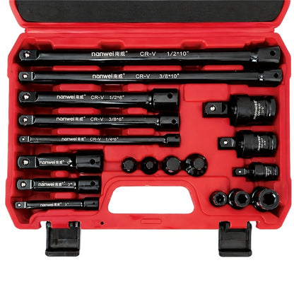 [18pcs Socket Set] NANWEI 18pcs Socket Extension Bar Set Includes Extension Bars, Socket Adapters And Impact Driver Bit Connectors. Made of Premium Cr-V Steel. Professional 1/4", 3/8" And 1/2" Drive Set, Ideal for Home Decoration And Mechanical Fastening
