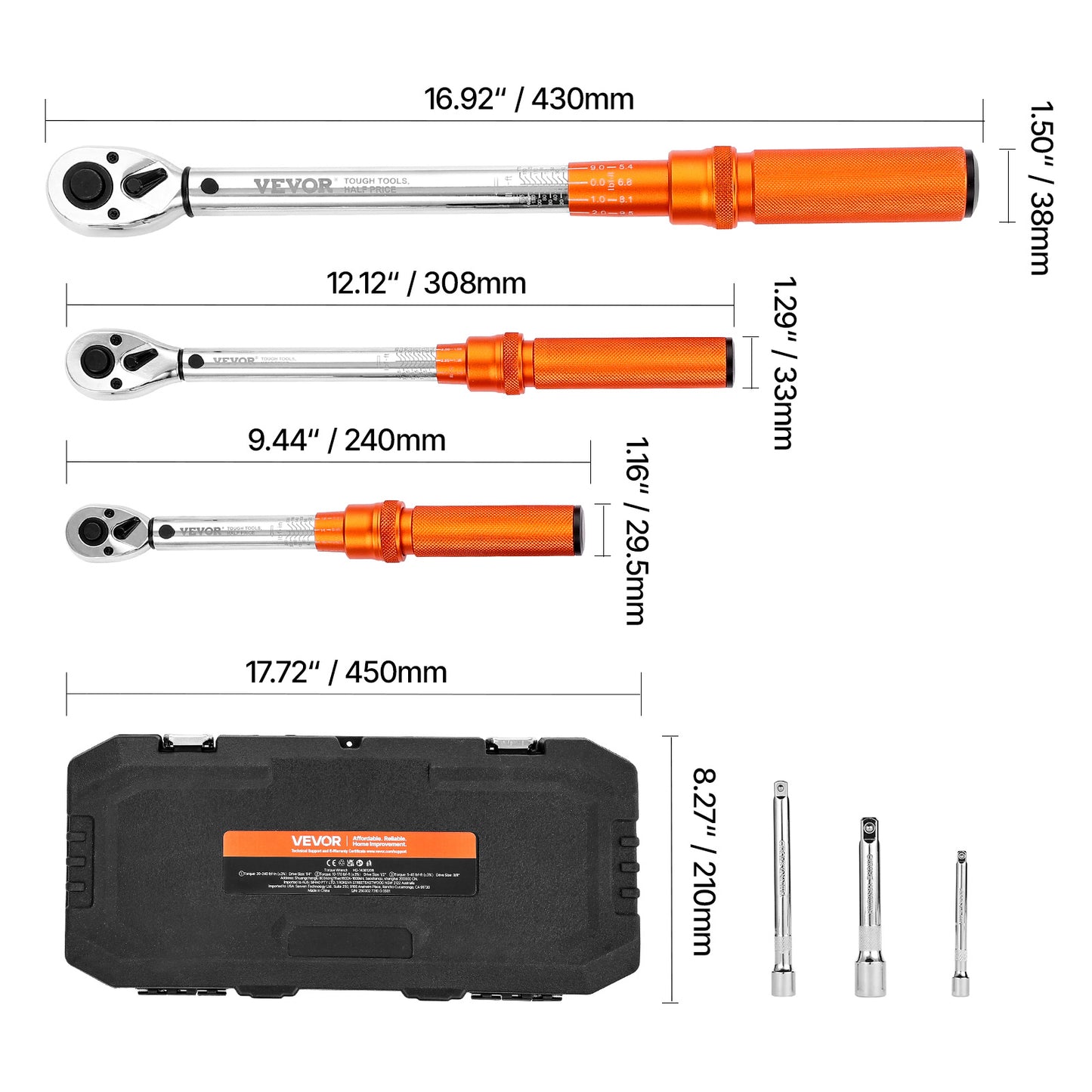 Click Torque Wrench Set 3 Pcs 1/4 3/8 1/2 Inch Drive Dual-direction 72-Tooth