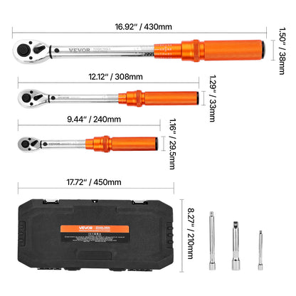 Click Torque Wrench Set 3 Pcs 1/4 3/8 1/2 Inch Drive Dual-direction 72-Tooth