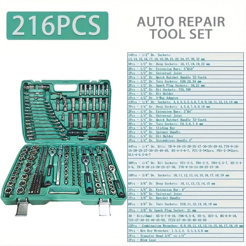 High End Professional 216 Tool Set, 1/4" 3/8" 1/2" Drive Depth And Standard Sleeves, Ratchet Wrench Set, S2 And CR-V Sleeves, Automotive Parts Repair Quick Ratchet Wrench And Other Automotive Repair Parts, Professional Racing Grade Repair Tool Set
