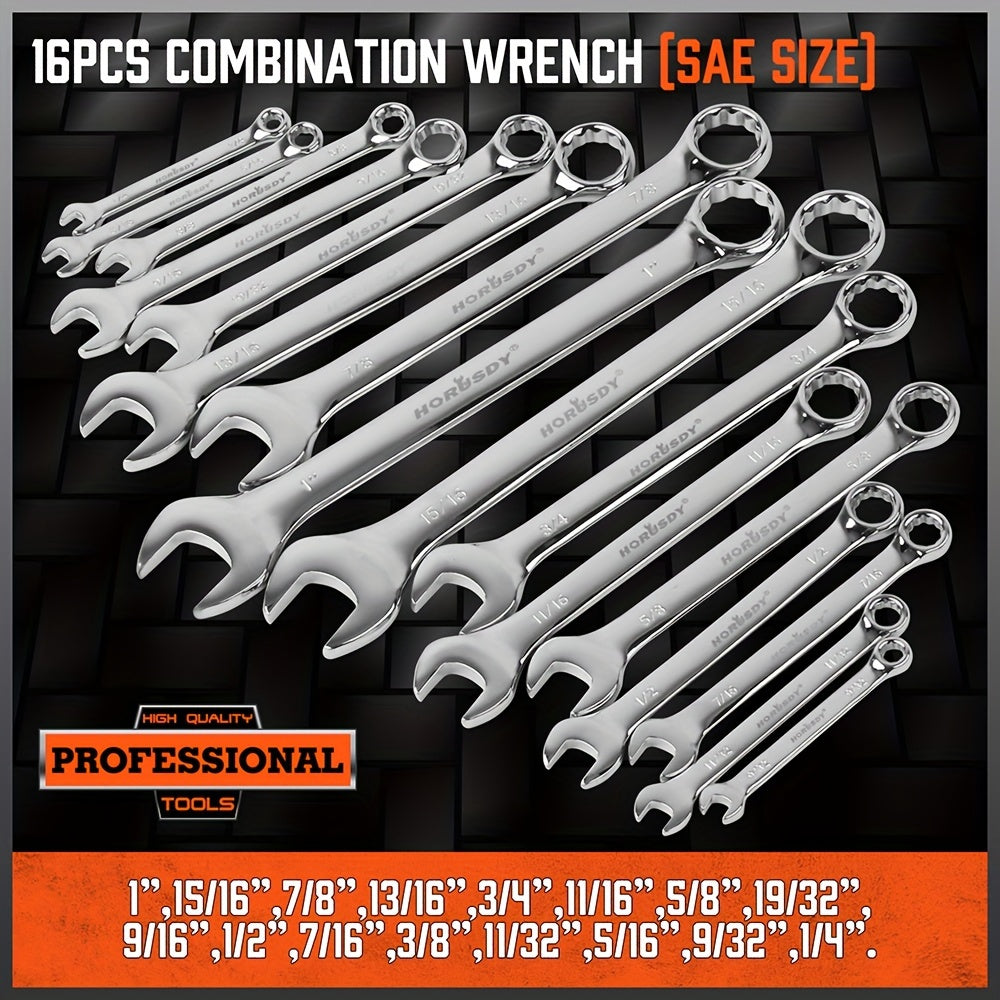 32pcs Combination Wrenches Featuring Both Box And Open Ends, Suitable for Standard Sizes in SAE And Metric Ranging from 1/4" to 1" And 7Mm to 22Mm, Made from Chrome Vanadium Steel And Comes with a Case