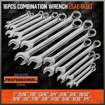 32pcs Combination Wrenches Featuring Both Box And Open Ends, Suitable for Standard Sizes in SAE And Metric Ranging from 1/4" to 1" And 7Mm to 22Mm, Made from Chrome Vanadium Steel And Comes with a Case