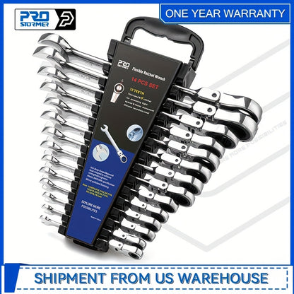 Professional 14-PCS SAE Flex Head Ratcheting Wrench Set - 1/4" To 7/8" Chrome Vanadium Steel With Organizer Rack - For Automotive & Mechanical Repair
