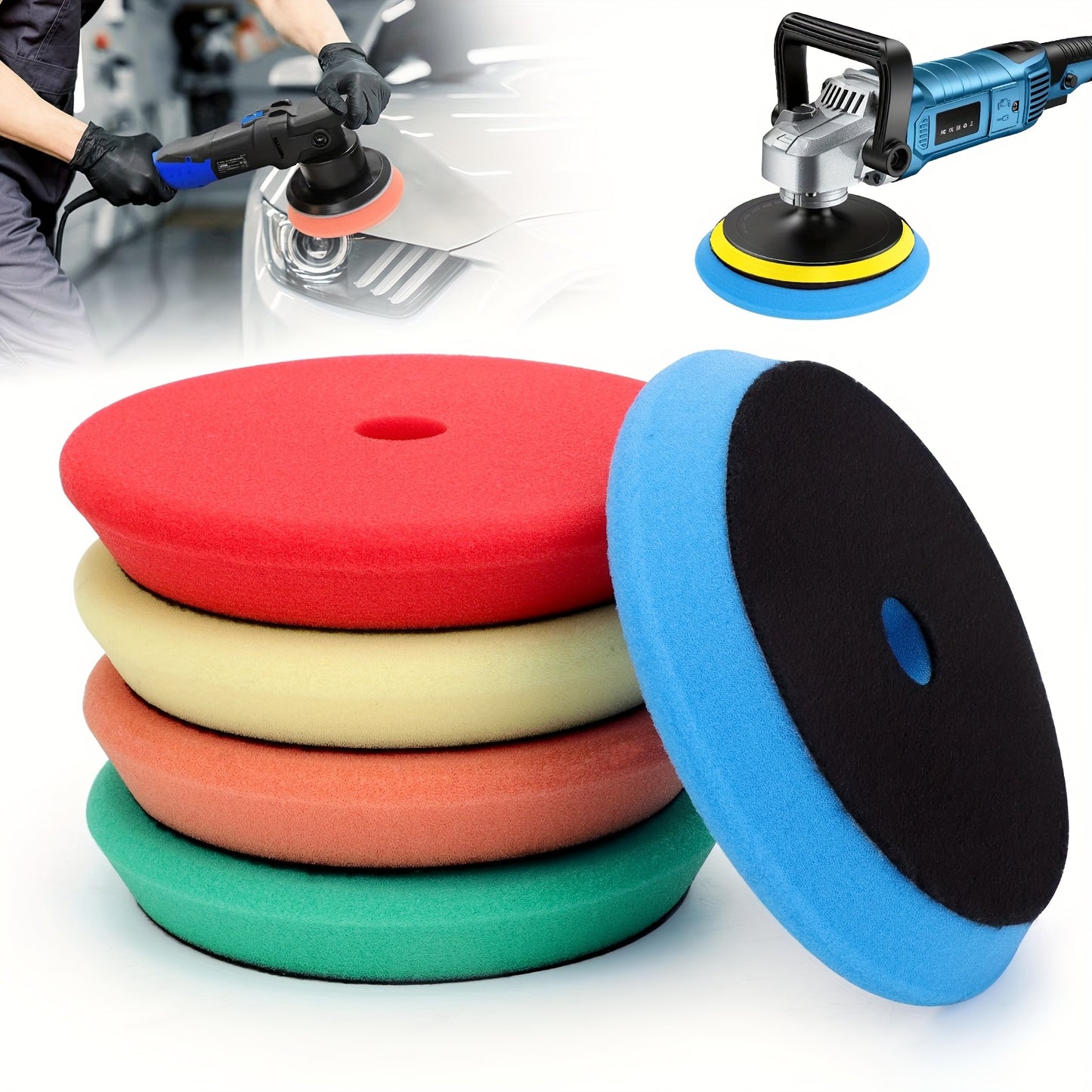 5pcs Sponge Rubber Polishing Disc Set, 6-Inch Beveled Edge Foam Buffing Pads For Automotive Detailing, Fine Grit Wheel Tools For Car Shine Enhancement And Sanding