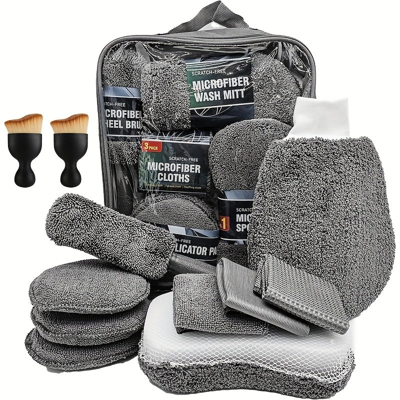 A Car Cleaning Set with 11 Items, Featuring Tire Brushes, Microfiber Gloves, Thick Absorbent Pads for Scratch Removal, And Detail Sponges Suitable for Both The Inside And Outside of The Vehicle