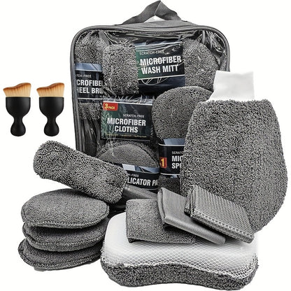 A Car Cleaning Set with 11 Items, Featuring Tire Brushes, Microfiber Gloves, Thick Absorbent Pads for Scratch Removal, And Detail Sponges Suitable for Both The Inside And Outside of The Vehicle