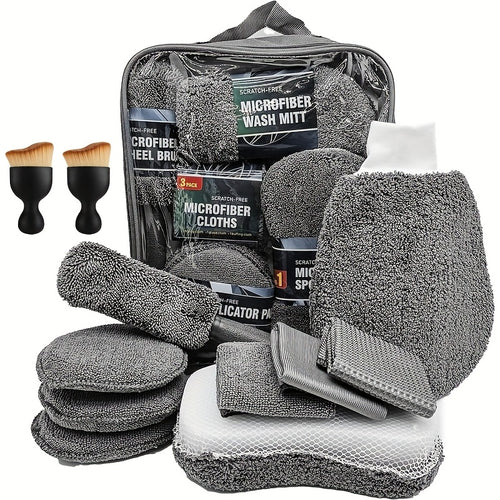 A Car Cleaning Set with 11 Items, Featuring Tire Brushes, Microfiber Gloves, Thick Absorbent Pads for Scratch Removal, And Detail Sponges Suitable for Both The Inside And Outside of The Vehicle