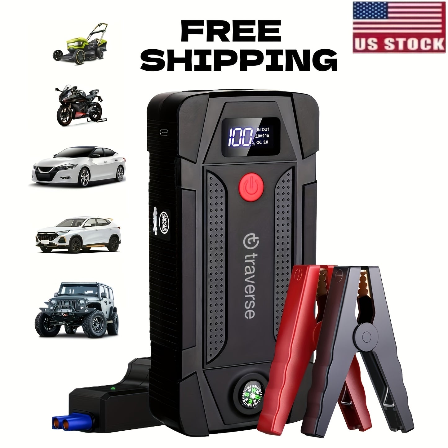 12V Portable Car Jump Starter 1000A Peak Battery Jumper Starter Jump Box for Car Battery, for Gas & Diesel Cars with USB Charge Ports & LED Flashlight, 6400mAh Power Bank