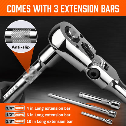 6pcs/3pcs Twist Head Ratchet Set, 1/4", 3/8", 1/2" Drive, Twist Head Ratchet Wrench with Extension Bar, 72 Teeth, 180° Adjustable, Quick Release, Flexible Ratchet Handle with EVA Foam.