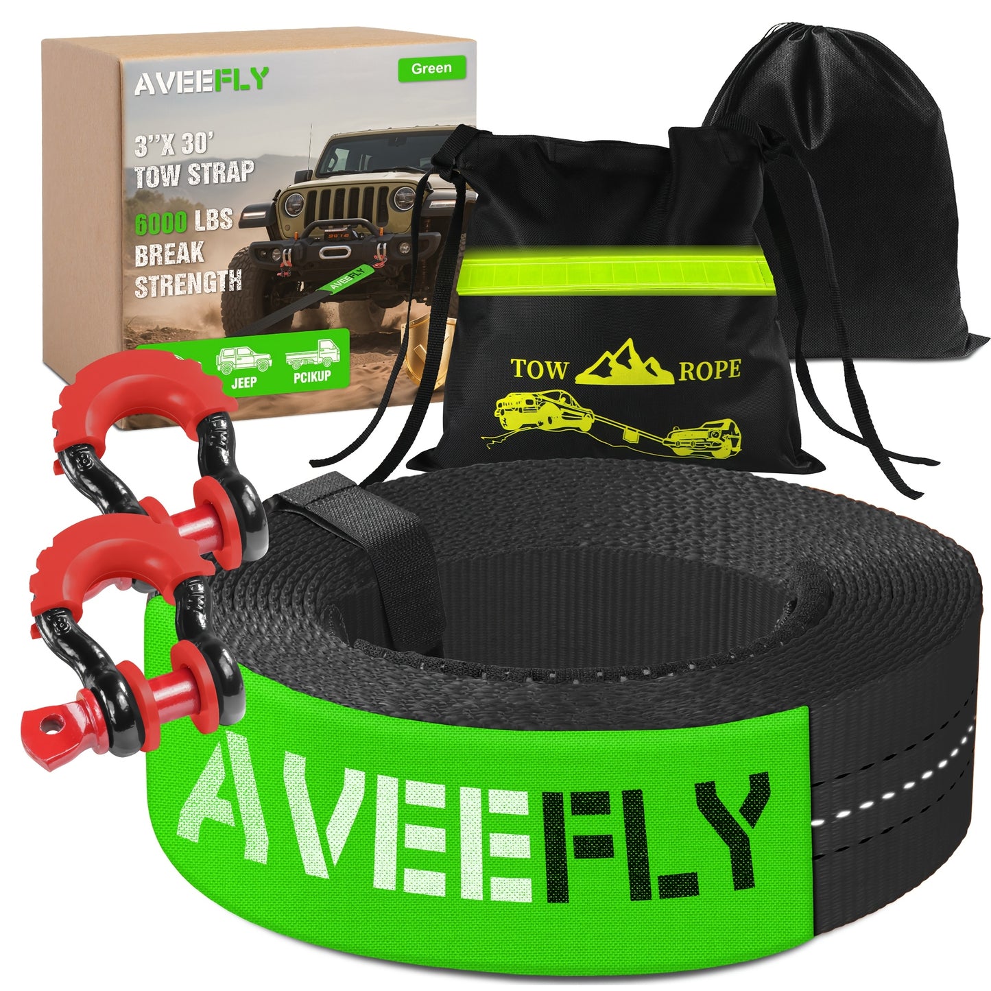 Heavy Duty Recovery Tow Strap, 4000/6000LBS Break Strength (3"x30'/2"x20'), Emergency Recovery Strap Tow Rope for Truck for JEEP ATV UTV Offroad 4x4 Use & More, Towing Strap with 2pcs D Ring Shackles, Reflective Safety Flag, Storage Bag