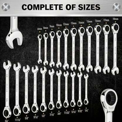 33pcs Combination Ratchet Wrench Set, SAE And Metric Sizes, 72-Tooth Gear Design, CR-V Steel, Adjustable, Manual Operation for Car Maintenance (Includes 22 Ratcheting Wrenches, 4 Adapters, And 6 Screwdriver Bits, And 1 Storage Case)