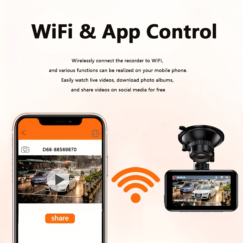 4K Dashboard Camera for Vehicles with WIFI, Video Recording Capabilities, Rear View Camera, Night Vision, And Parking Monitoring (Includes 64GB Memory Card)