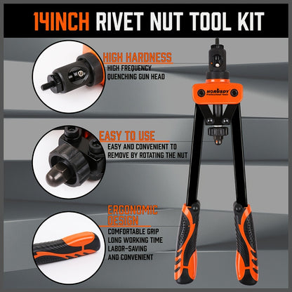 HORUSDY Rivet Nuts Tool, 14" Hand Rivet With 7 Metric & Inch Mandrels, 70pcs Rivet Nuts And Rugged Carrying Case, M6 M8 M10 1/4-20 5/16-18 3/8-16