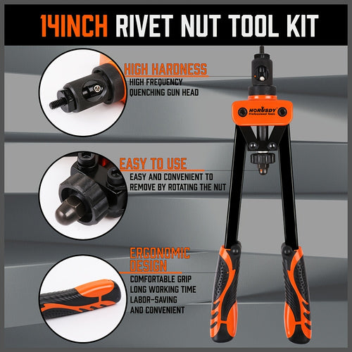 HORUSDY Rivet Nuts Tool, 14" Hand Rivet With 7 Metric & Inch Mandrels, 70pcs Rivet Nuts And Rugged Carrying Case, M6 M8 M10 1/4-20 5/16-18 3/8-16