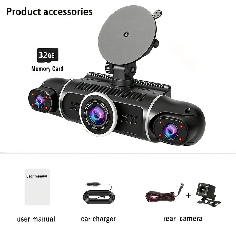 FHD 1080P 3/4-Channel 360° Car Dashcam, WIFI, IR Night Vision, Loop Recording, Car DVR Recorder, 3.0" IPS Screen, Rechargeable Battery 180Mah, 12-24V Car Plug, Optional 32GB Memory Card (Black), Car Parts/ Car Dashboard Camera/ Christmas Gift/