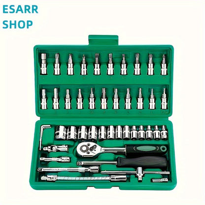 46pcs 1/4" Drive Socket Ratchet Wrench Set With Storage Case, With Reversible Ratchet, Includes Metric Socket Set And Extension For Automotive Repair And Home Maintenance