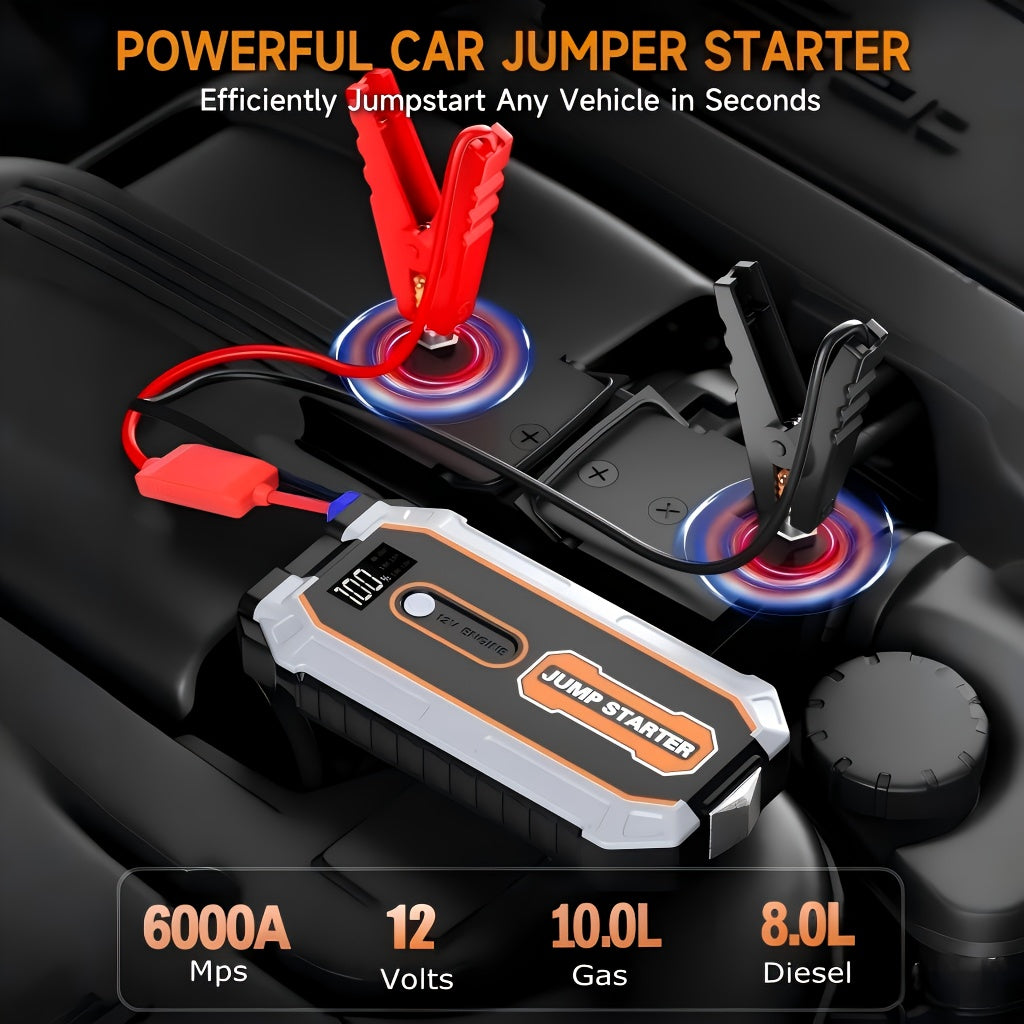6000A Peak All-in-One Heavy-Duty Jump Starter with USB Ports & LED Flashlight - 12V Lithium-Ion Fast-Charging Portable Power Bank, Compact & Portable with Safety Hammer, 12V for Cars, SUVs, Trucks, Motorcycles, Boats, RVs, ATVs, Emergency Use