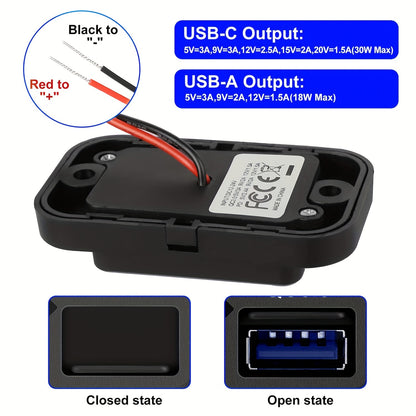 CLELO 1/2 Set 12V/24V RV USB Socket Dual Fast Charging PD3.0 Type-C (USB C) And QC3.0 USB-A Car Charging Adapter, Without Battery RV Plugs, Inlets & Receptacles