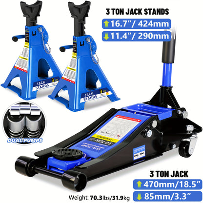 2/2.5/3 Ton Capacity, Jack Kit Low Profile Hydraulic Trolley Service/Floor Jack Combo, Multiple Meal Plans to Choose from 3 Ton Jack Stands 2PCS, Tire Repair Kit, 14-inch Wheel Cross Wrench, Wheel Chock, Jack Accessories Red/Blue