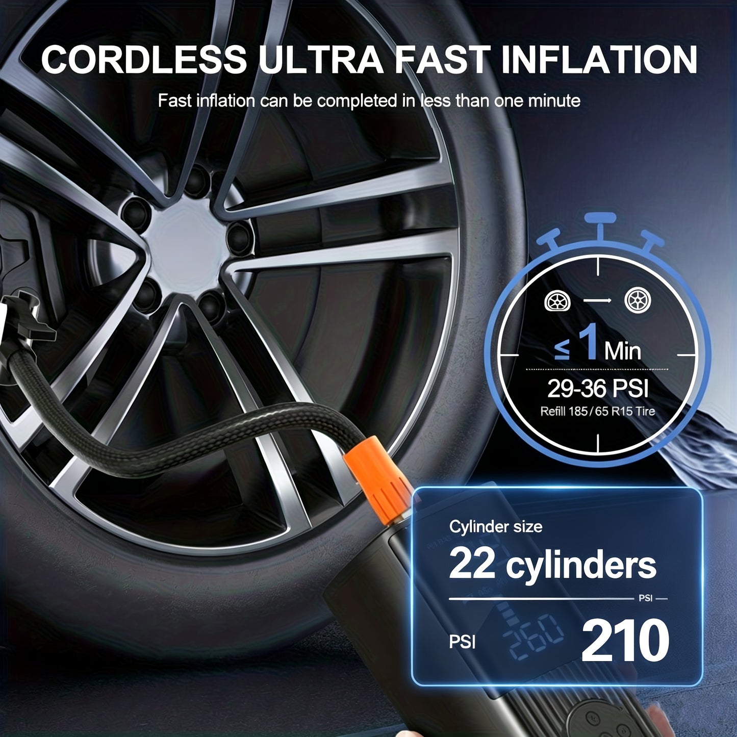 Portable Tire Inflator with Digital Pressure Gauge, Car Tire Pump, 210 PSI, 22 Cylinders, Rechargeable Battery, LED Light, Cordless Air Pump, Wireless Bicycle Tire Pump, Suitable for Cars, Motorcycles, Bicycles, Balls, Etc., New
