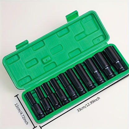 1/2-Inch Deep Impact Socket Set with Sturdy Green Storage Case, Pneumatic& Electric Drill Compatible, Ideal for Tire Removal, Mechanical Repair& Auto Maintenance