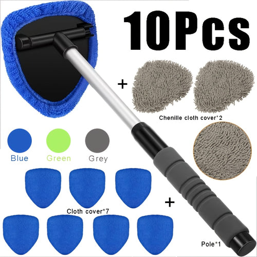 10pcs Microfiber Car Windshield Cleaning Tool Kit with Telescoping Handle And 4 Wipes - Heavy Duty Extension Pole, Durable Plastic Material, for Interior/Exterior Glass, Car Cleaning Tools, Vehicle Maintenance, Ergonomic Handle