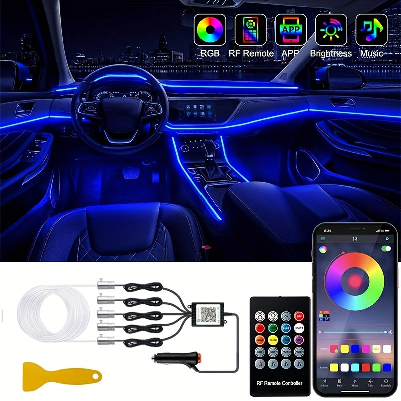1 Set 236 Inches RGB 5in 1 Ambient LED Strip Lights Kit- Wireless App Controlled, 16 Million Colors, Sync to Music,  12V, Room Electrical/Hard Wiring, for Motor Vehicles, with Fiber Optic Cable