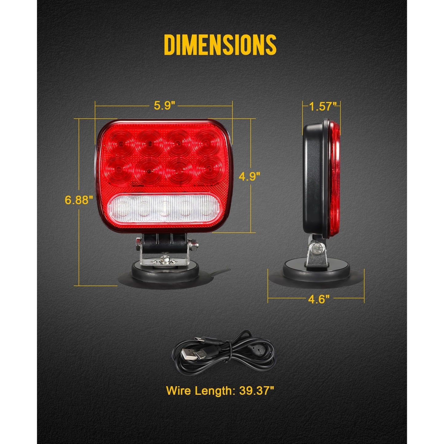 Partsam Wireless LED Trailer Light Kit Magnetic Towing Tail Light Portable Universal Stop Turn Running Backup Reverse Red+Clear Lens w/ 7-Pin Plug Dual USB Cable Charger for Trucks Trailers 12-24V, IPX5