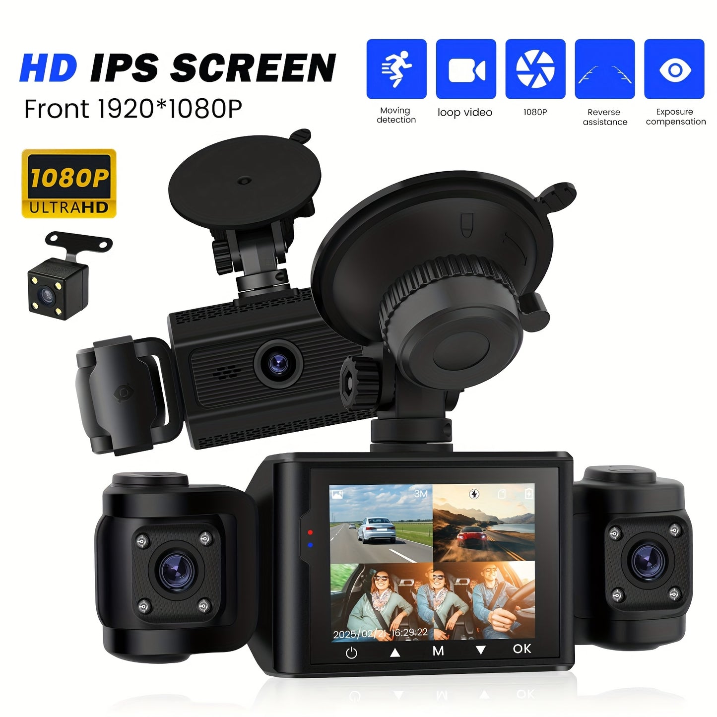 Black Friday Offer, 2.4-Inch 1080P Car Camera, Four-Channel Recording, Three-Screen HD Car Camera, Features 480P Images from Left, Right, And Rear, Plus Motion Detection, Night Vision, And Wide Dynamic Range, Optional 64GB Memory Card