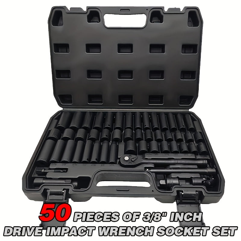 [Impact Socket Set] 50/53pcss Impact Socket Set - 3/8-Inch Drive, Including Common Metric Sizes (8-22 Mm) And Imperial Sizes (5/16-3/4 Inch), Made of CR-V Steel. The 53pcss Set Includes 24-Tooth 1/4-Inch Metric Sockets, Ideal for Enthusiasts And Machinist