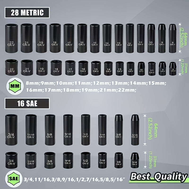 92/50/15pcs 3/8 Inch Drive Impact Socket Set, Metric (8-22 Mm), SAE (5/16 - 3/4 Inch), 6 Points, Cr-V Material, With Adapter Ratchet Handle And Storage Box - Professional/maintenance Personnel Set, A Great Choice For Daily Use And As A Gift.