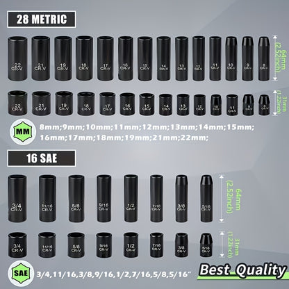 92/50/15pcs 3/8 Inch Drive Impact Socket Set, Metric (8-22 Mm), SAE (5/16 - 3/4 Inch), 6 Points, Cr-V Material, With Adapter Ratchet Handle And Storage Box - Professional/maintenance Personnel Set, A Great Choice For Daily Use And As A Gift.