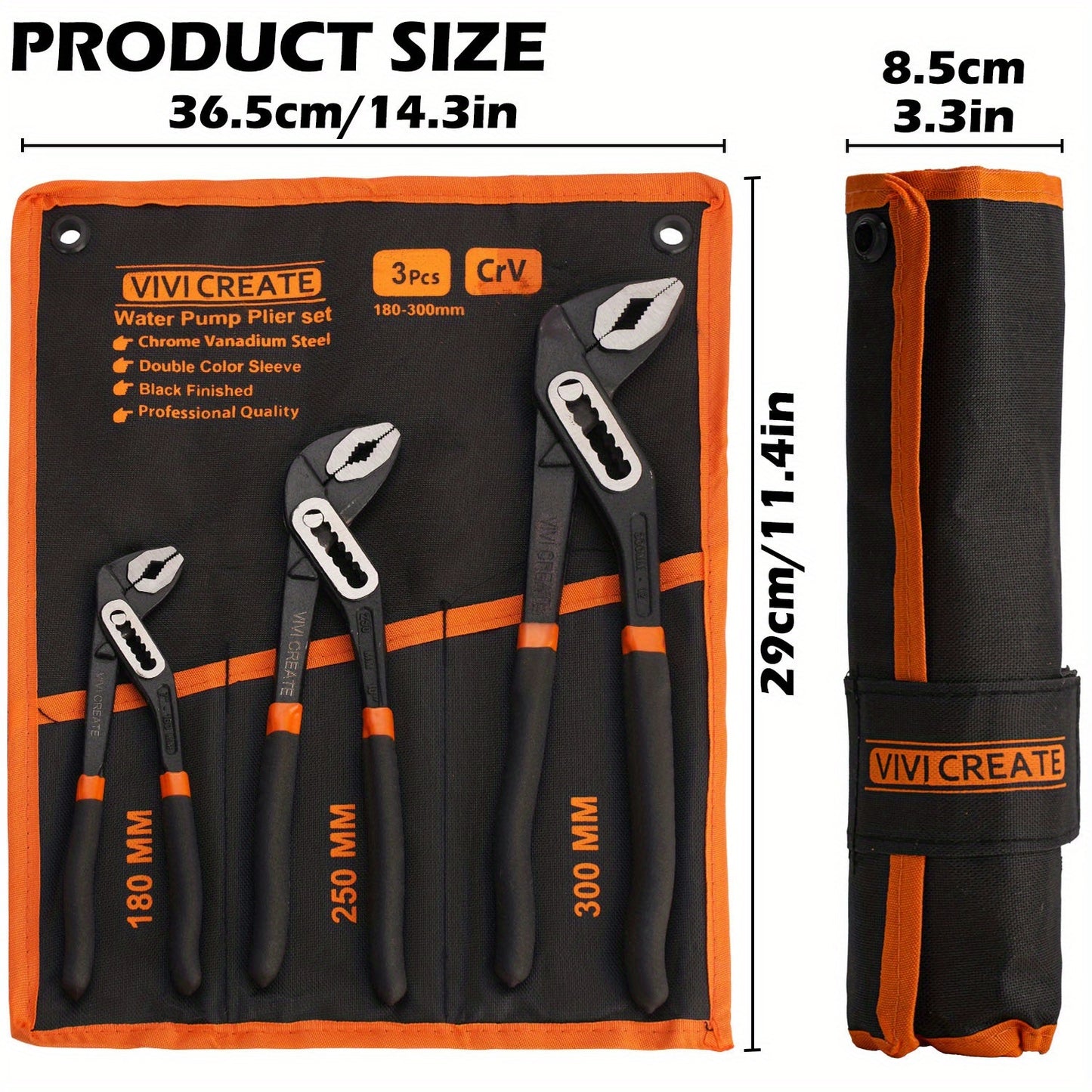 7/10/12inch Groove Joint Pliers( with Tool Roll Bag), Push-Lock Water Pump Pliers In Cr-v Steel, Fast Adjustable Tongue And Groove Pliers for Home Repair & Plumbing
