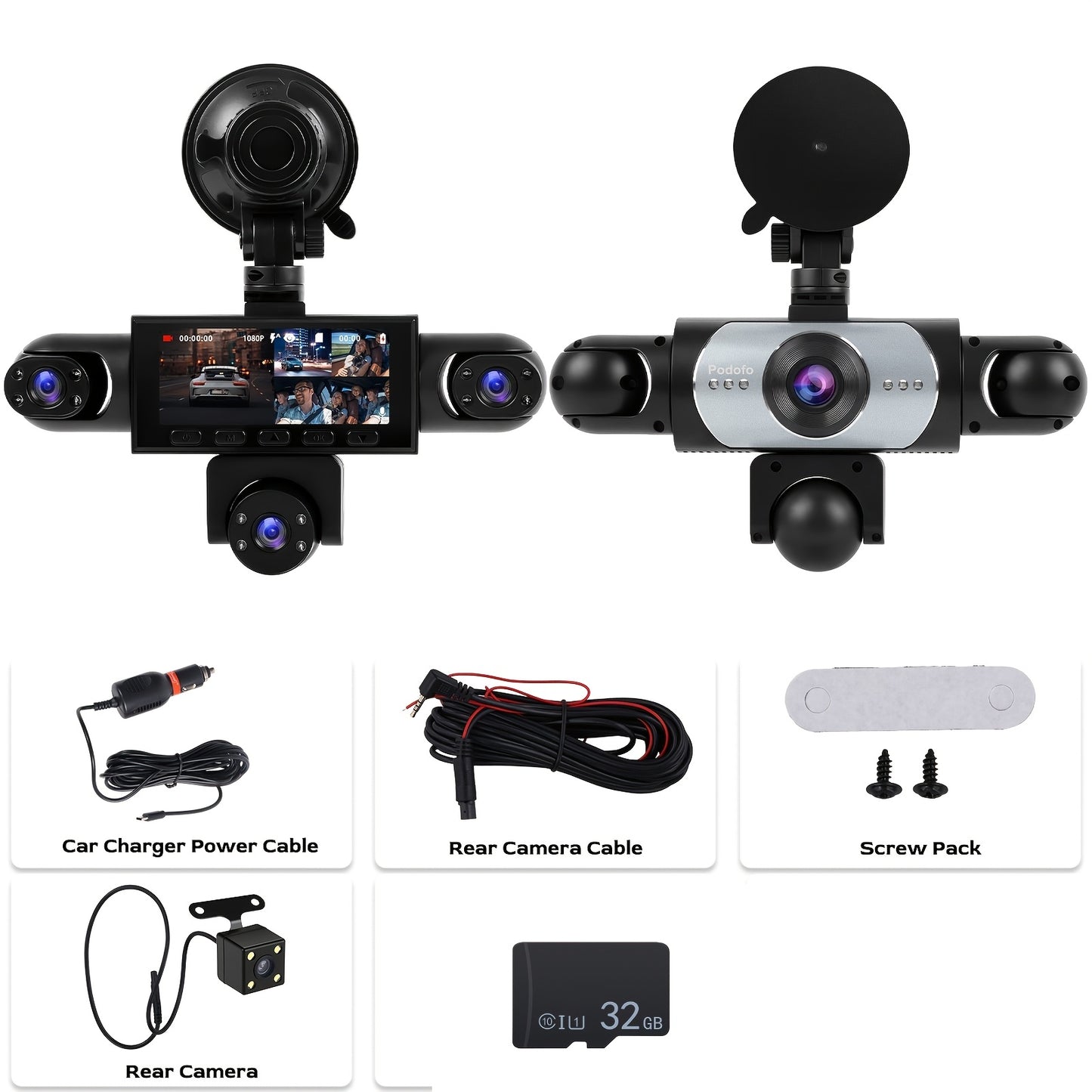PODOFO Vehicle-Installed 5Lens/4lens High-Definition Dash Cam, Featuring 1080P Front And Front, Rear, Left, And Right, Providing 360° Comprehensive Coverage, Reverse Image Loop Recording, Car Camera/Car Additions/Monitoring System, Without Battery