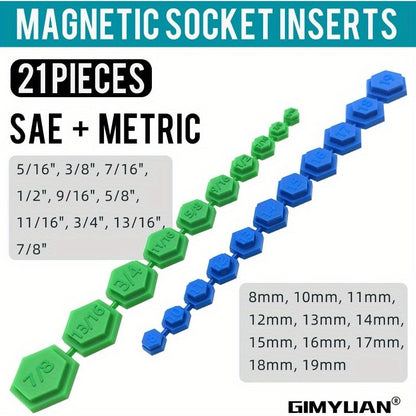 21 Piece Magnetic Socket Insertion Tool Set - SAE and Metric, 5/16-7/8 Inch, 8mm-19mm, Different Colors Hexagonal Profile - For Mechanics & DIY Enthusiasts - Ideal Gift for Car Repair & Home Projects