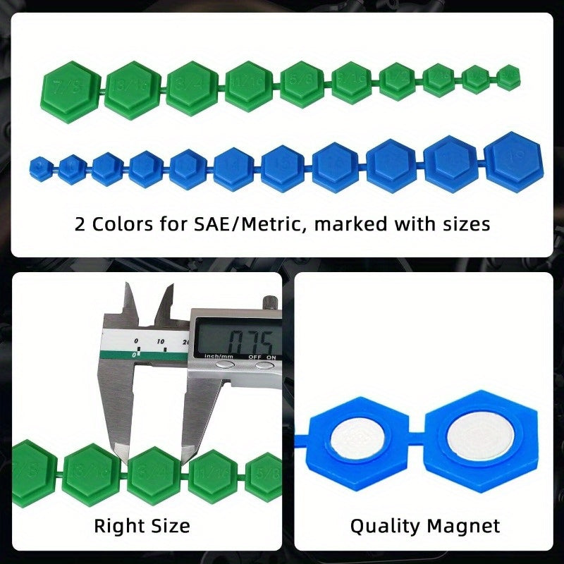 21 Piece Magnetic Socket Insertion Tool Set - SAE and Metric, 5/16-7/8 Inch, 8mm-19mm, Different Colors Hexagonal Profile - For Mechanics & DIY Enthusiasts - Ideal Gift for Car Repair & Home Projects