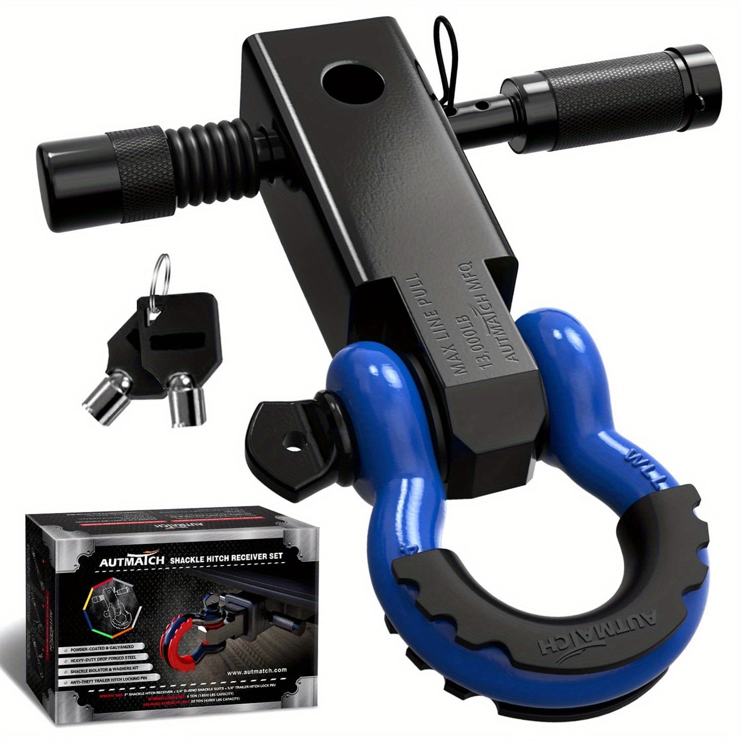 AUTMATCH 2-Inch Heavy Duty Shackle Hitch Receiver Kit - 45,000 lbs Break Strength, High-Strength Drop-Forged Towing System with Lock Pin & D-Ring Shackle for Truck,, RV, ATV, Boat Recovery ( Fit)