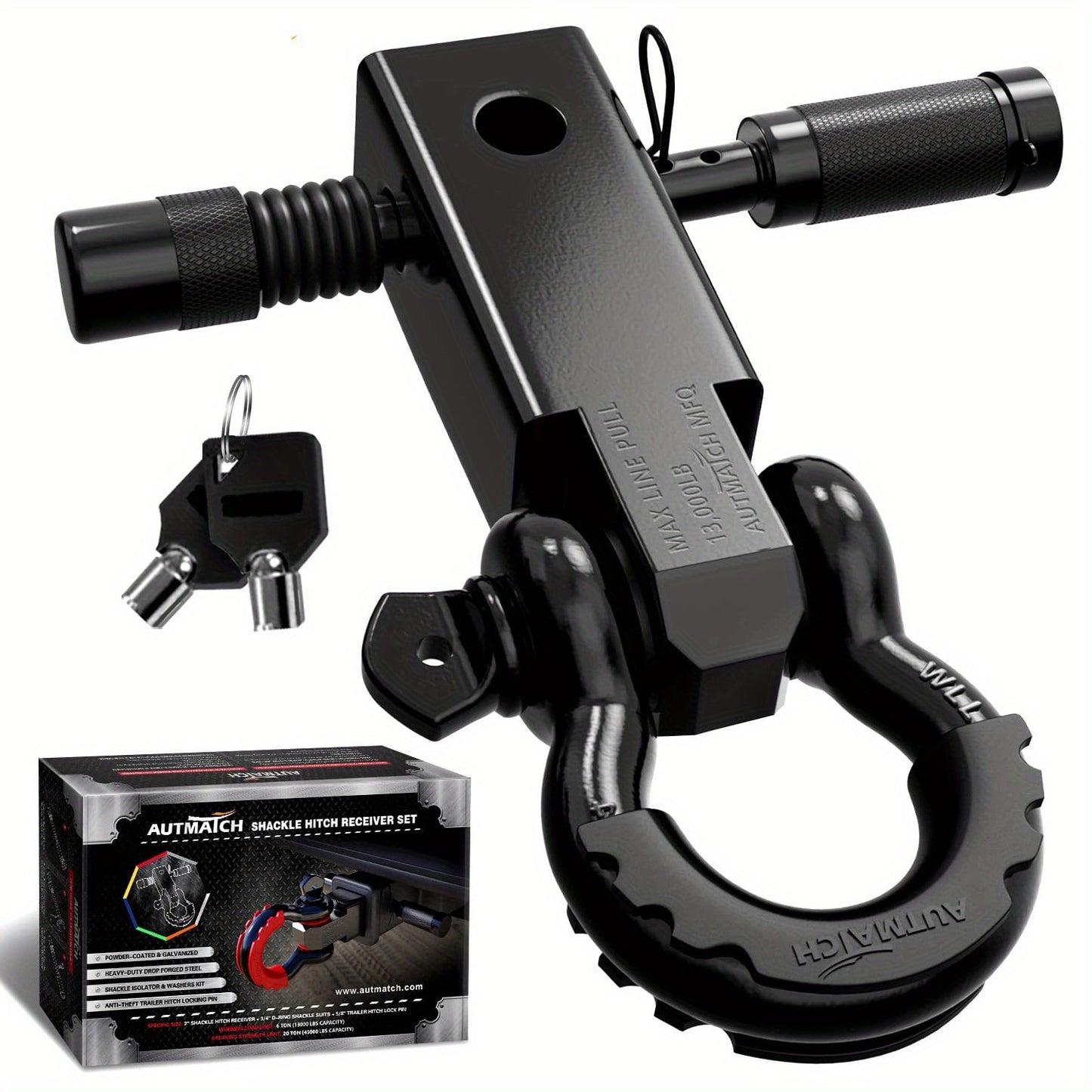 AUTMATCH 2-Inch Heavy Duty Shackle Hitch Receiver Kit - 45,000 lbs Break Strength, High-Strength Drop-Forged Towing System with Lock Pin & D-Ring Shackle for Truck,, RV, ATV, Boat Recovery ( Fit)