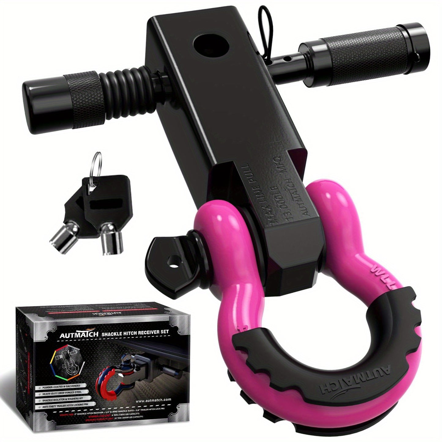 AUTMATCH 2-Inch Heavy Duty Shackle Hitch Receiver Kit - 45,000 lbs Break Strength, High-Strength Drop-Forged Towing System with Lock Pin & D-Ring Shackle for Truck,, RV, ATV, Boat Recovery ( Fit)