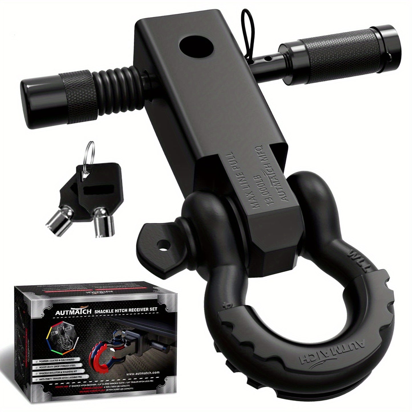 AUTMATCH 2-Inch Heavy Duty Shackle Hitch Receiver Kit - 45,000 lbs Break Strength, High-Strength Drop-Forged Towing System with Lock Pin & D-Ring Shackle for Truck,, RV, ATV, Boat Recovery ( Fit)