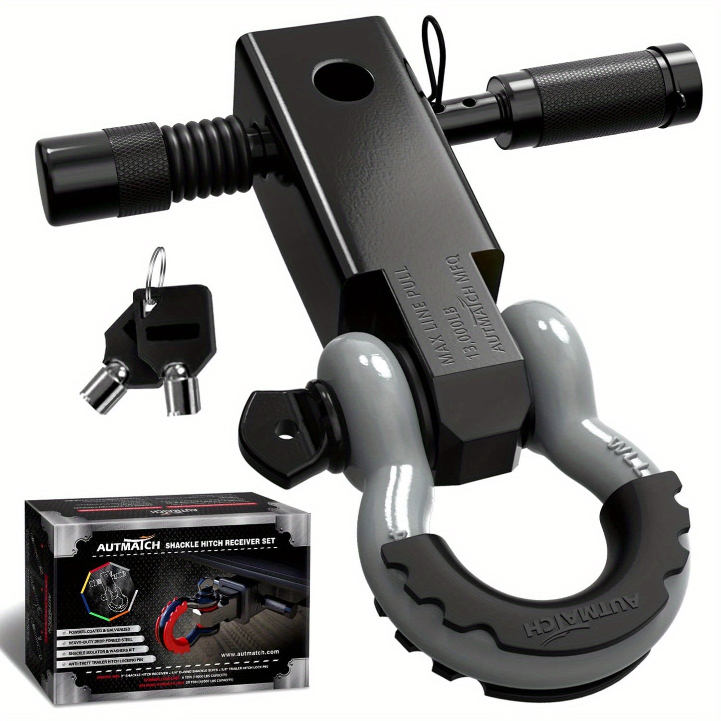 AUTMATCH 2-Inch Heavy Duty Shackle Hitch Receiver Kit - 45,000 lbs Break Strength, High-Strength Drop-Forged Towing System with Lock Pin & D-Ring Shackle for Truck,, RV, ATV, Boat Recovery ( Fit)