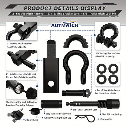AUTMATCH 2-Inch Heavy Duty Shackle Hitch Receiver Kit - 45,000 lbs Break Strength, High-Strength Drop-Forged Towing System with Lock Pin & D-Ring Shackle for Truck,, RV, ATV, Boat Recovery ( Fit)