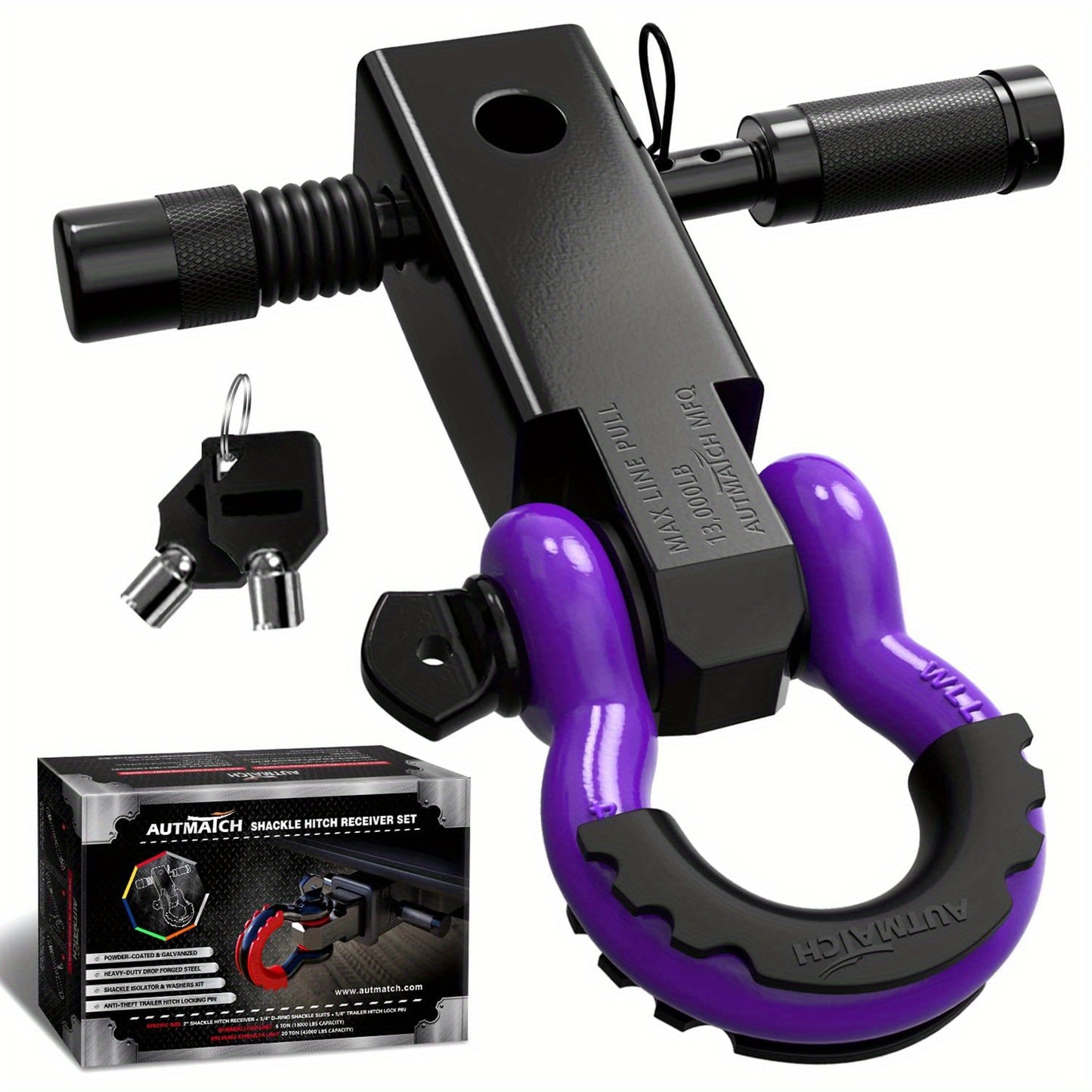 AUTMATCH 2-Inch Heavy Duty Shackle Hitch Receiver Kit - 45,000 lbs Break Strength, High-Strength Drop-Forged Towing System with Lock Pin & D-Ring Shackle for Truck,, RV, ATV, Boat Recovery ( Fit)