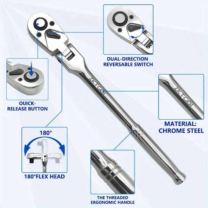 10pcs Flex Head Ratchet Set, 1/ 4", 3/ 8", 1/ 2" Drive, Swivel Head Ratchet Wrench with Extension Bar