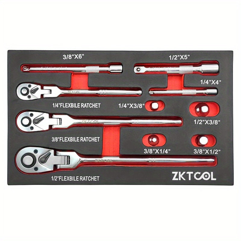 10pcs Flex Head Ratchet Set, 1/ 4", 3/ 8", 1/ 2" Drive, Swivel Head Ratchet Wrench with Extension Bar
