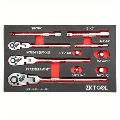 10pcs Flex Head Ratchet Set, 1/ 4", 3/ 8", 1/ 2" Drive, Swivel Head Ratchet Wrench with Extension Bar